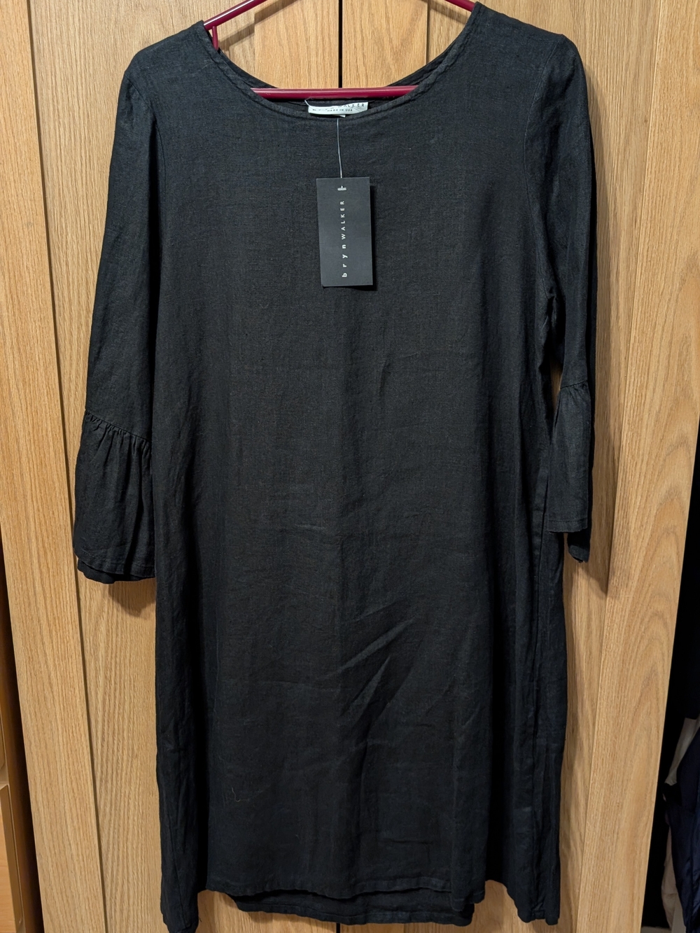 bryn Walker Black Linen Midi Dress with Ruffle 3/4 Sleeves